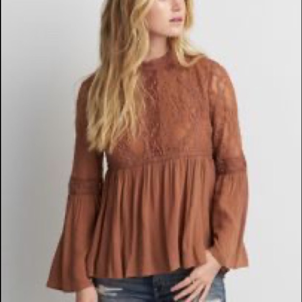 Woven Lace Yoke Bell Sleeve Top - Brown